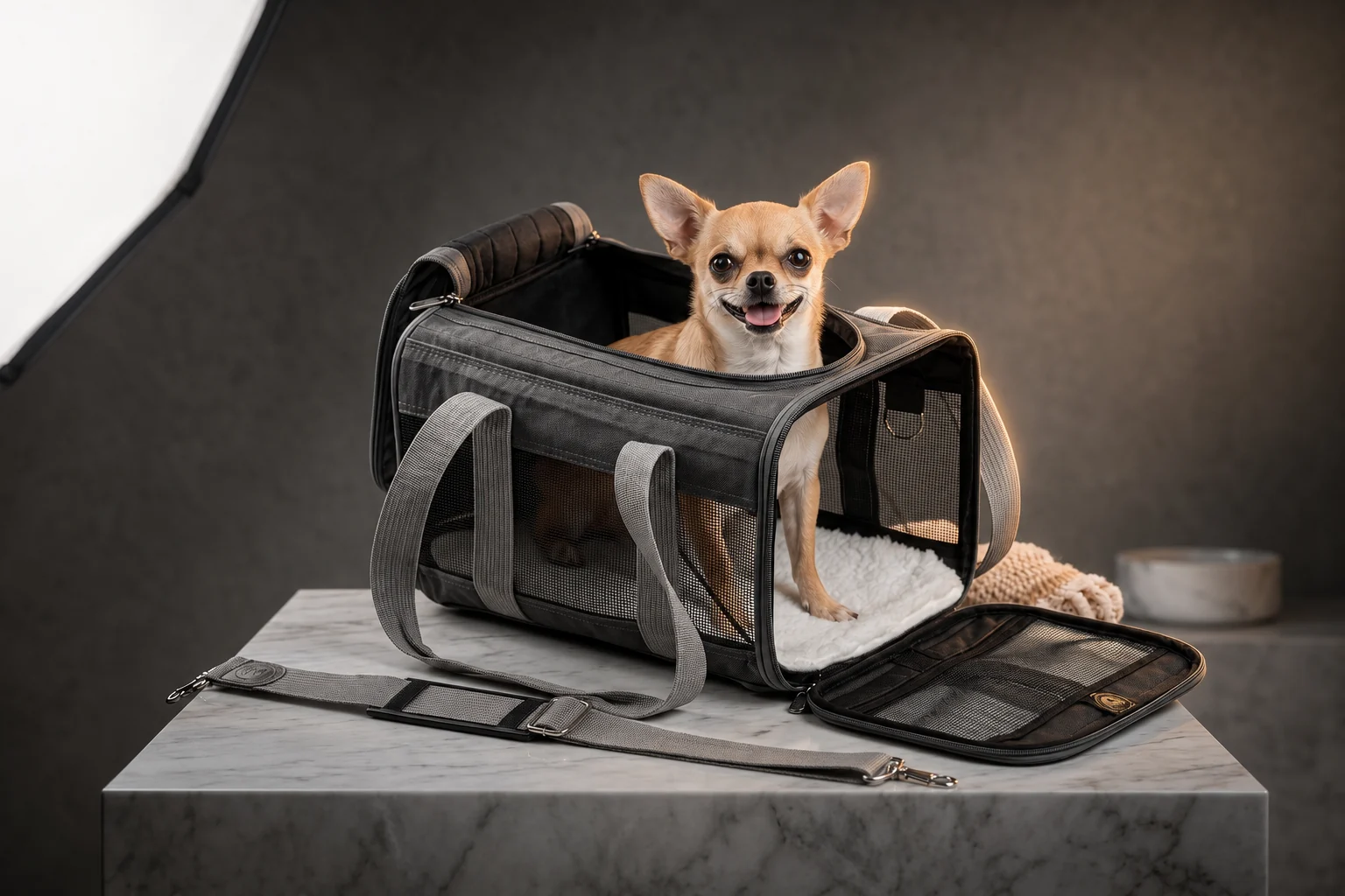 Transportín flexible gris con un perro pequeño, imagen ilustrativa
